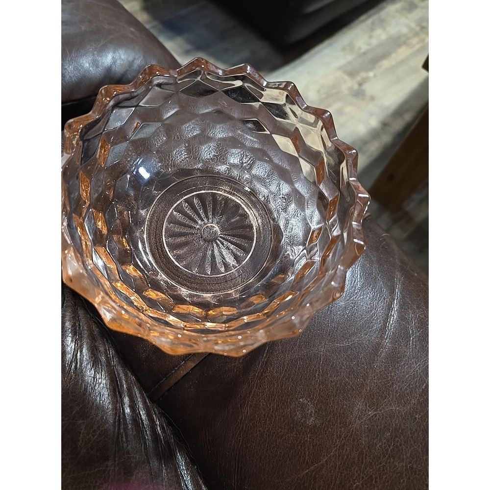 Vintage Pink Depression Glass Bowl Diamond Pattern Scalloped Sawtooth Rim